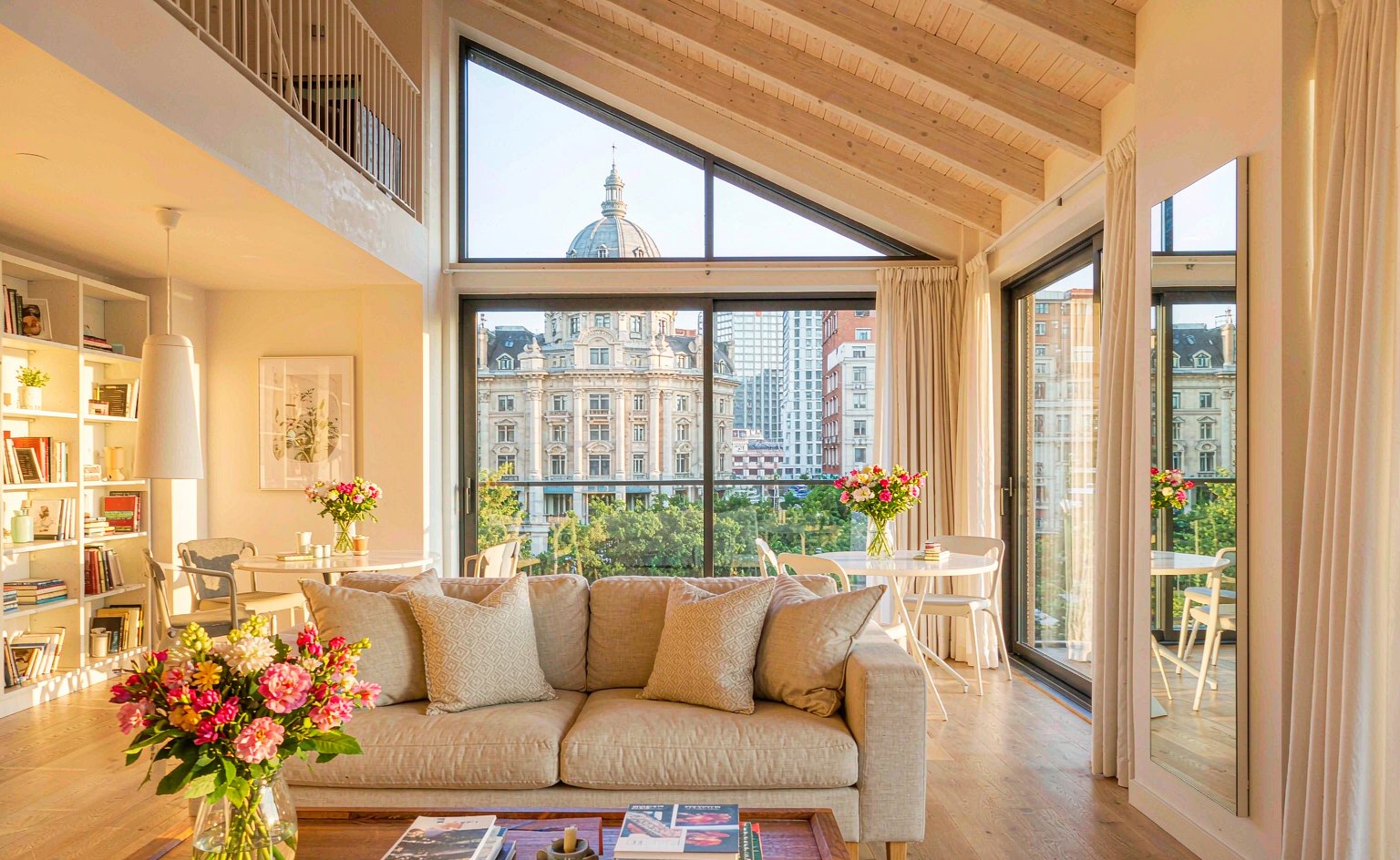 bright european apartment living room with city view